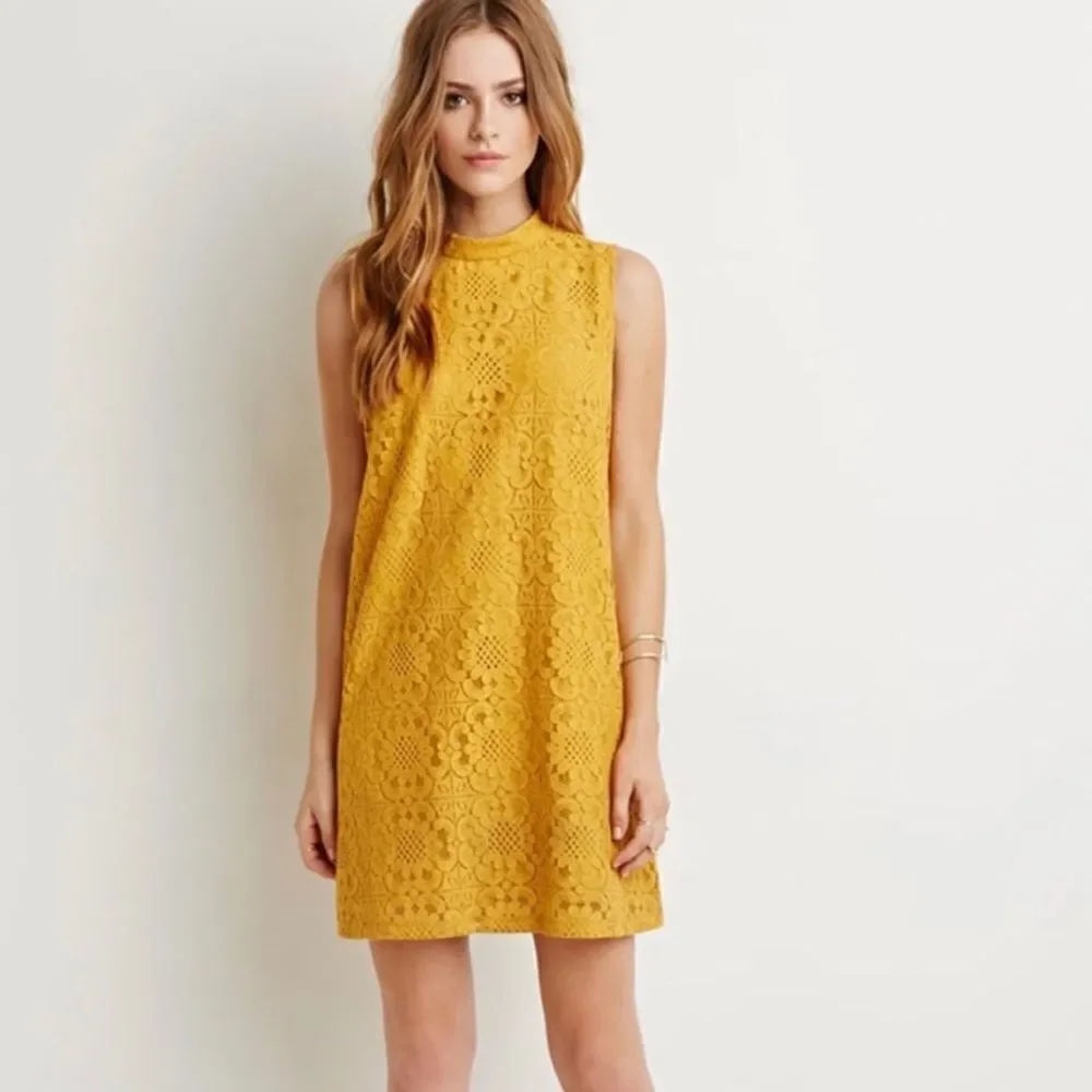 FOREVER 21 Golden Yellow High Neck Lace Shift Dress Size Small